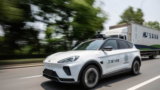 Автономний автомобіль на фоні міського пейзажу